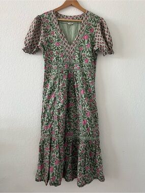 Dra Los Angeles Large Green & Pink Floral V-Neck Midi Dress